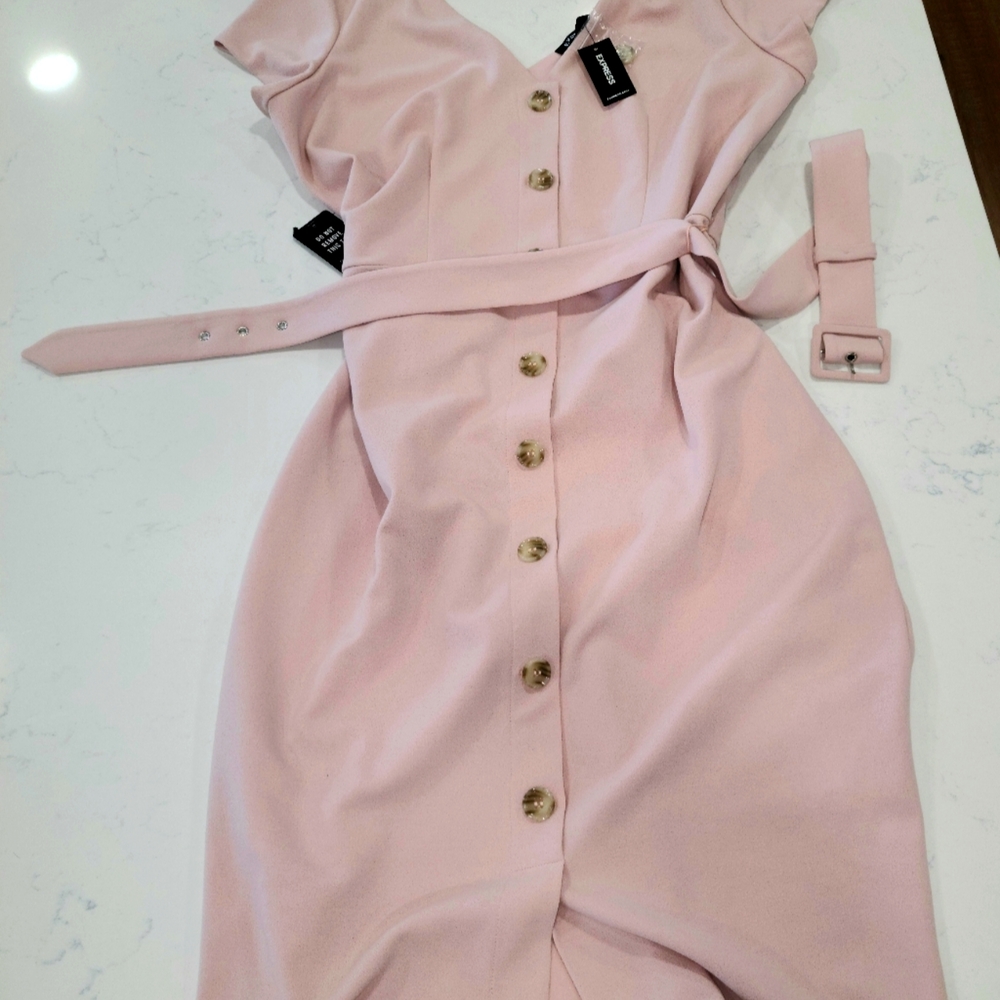 Pink button down dress with belt